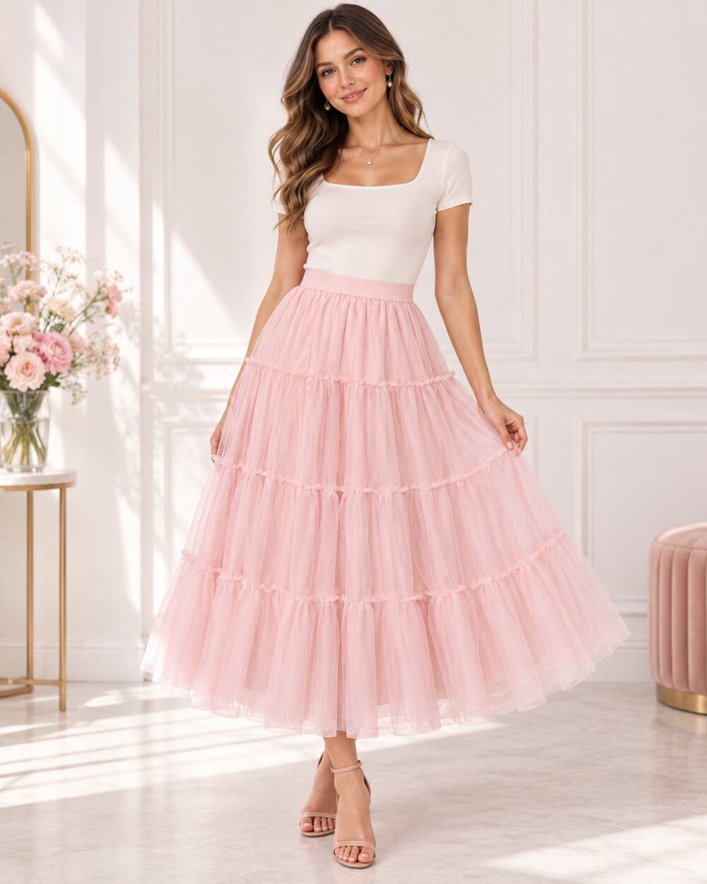 Belle Poque Pink Tulle Tiered Midi Skirt A-Line Coquette Balletcore NWT